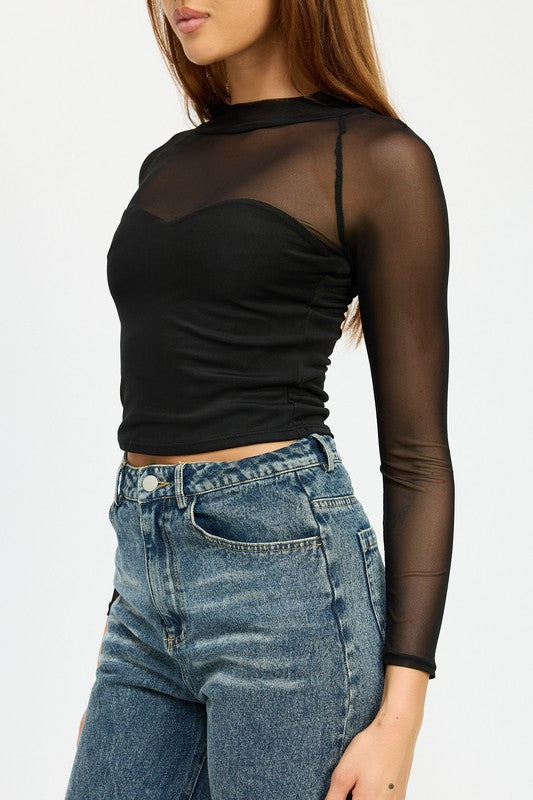 CONTRASTED SHEER RUCHED TOP by Emory Park | Fleurcouture