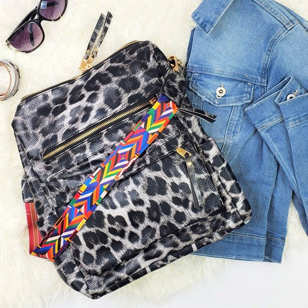 Convertible Guitar Strap Backpack Purse Handbag Gray Leopard 1 by Dani & Em | Fleurcouture