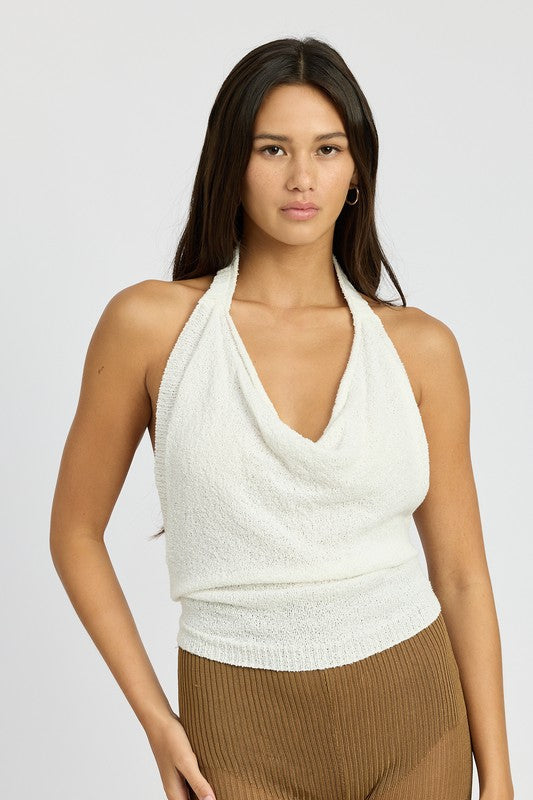 COWL NECK HALTER TOP OFF WHITE S by Emory Park | Fleurcouture