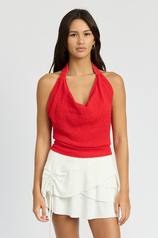 COWL NECK HALTER TOP RED S by Emory Park | Fleurcouture