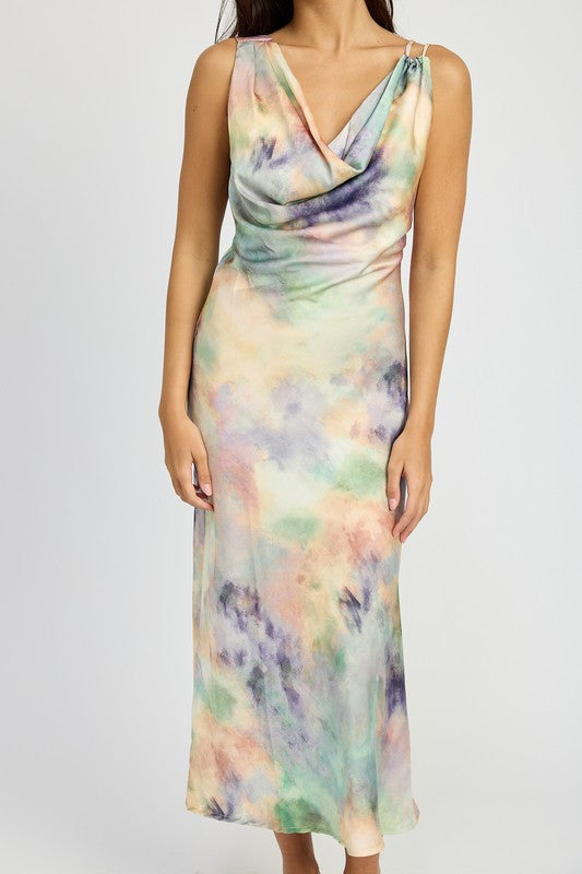 COWL NECK MIDI BIAS DRESS MULTI PEACH by Emory Park | Fleurcouture