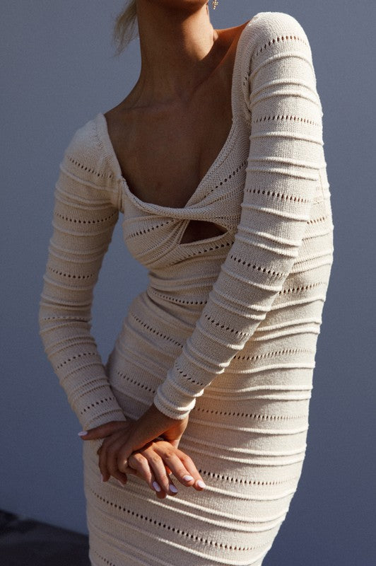 Crochet Knit Long Sleeved Midi Dress Not Lined OAT by One and Only Collective Inc | Fleurcouture