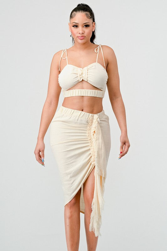 CROP TOP & SPLIT TIGHT SKIRT SET CREAM by Athina | Fleurcouture