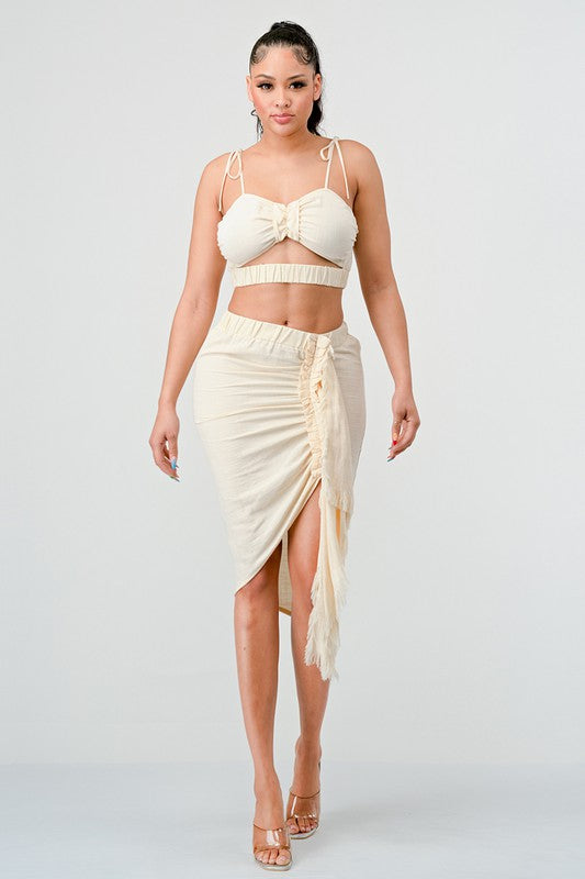 CROP TOP & SPLIT TIGHT SKIRT SET CREAM by Athina | Fleurcouture