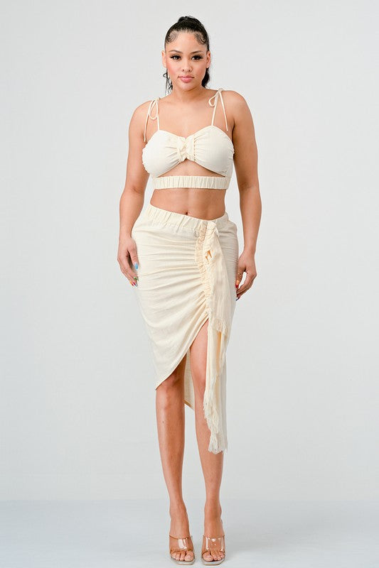CROP TOP & SPLIT TIGHT SKIRT SET CREAM by Athina | Fleurcouture