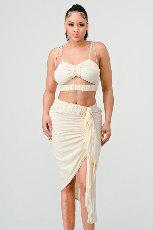 CROP TOP & SPLIT TIGHT SKIRT SET CREAM by Athina | Fleurcouture