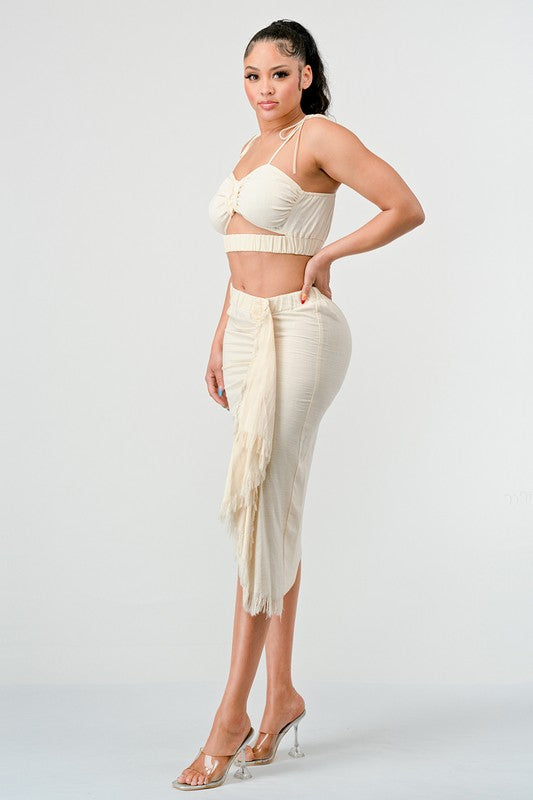 CROP TOP & SPLIT TIGHT SKIRT SET CREAM by Athina | Fleurcouture