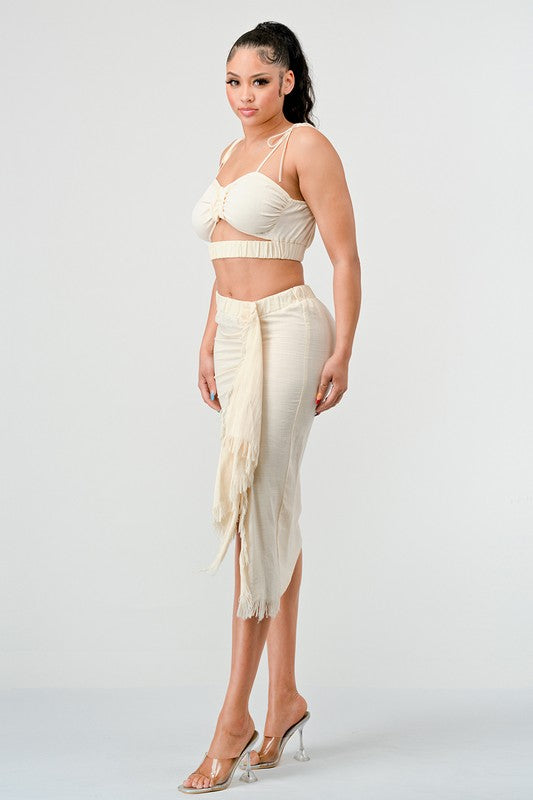 CROP TOP & SPLIT TIGHT SKIRT SET CREAM by Athina | Fleurcouture
