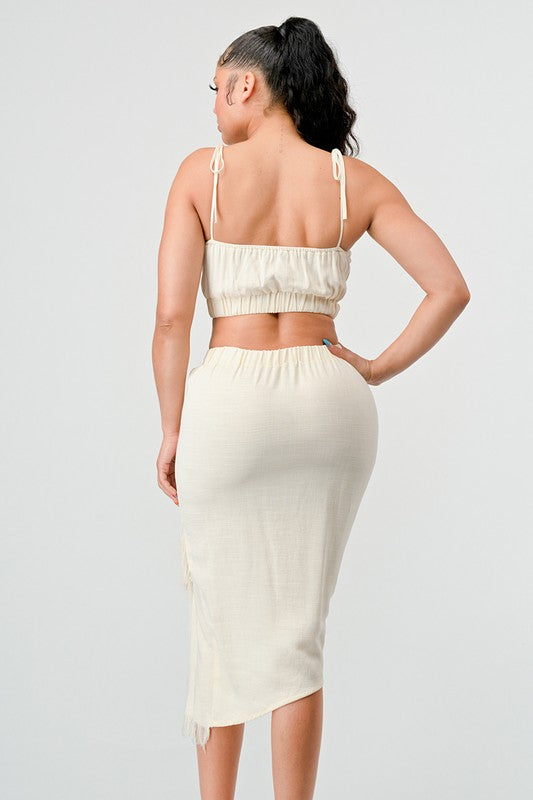 CROP TOP & SPLIT TIGHT SKIRT SET CREAM by Athina | Fleurcouture