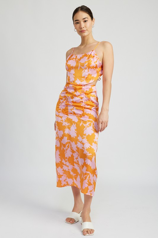 CROPPED WOVEN TOP WITH BACK TIE ORANGE PINK PRINT by Emory Park | Fleurcouture