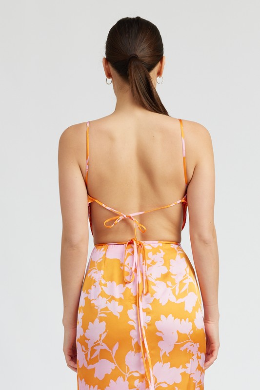 CROPPED WOVEN TOP WITH BACK TIE ORANGE PINK PRINT by Emory Park | Fleurcouture