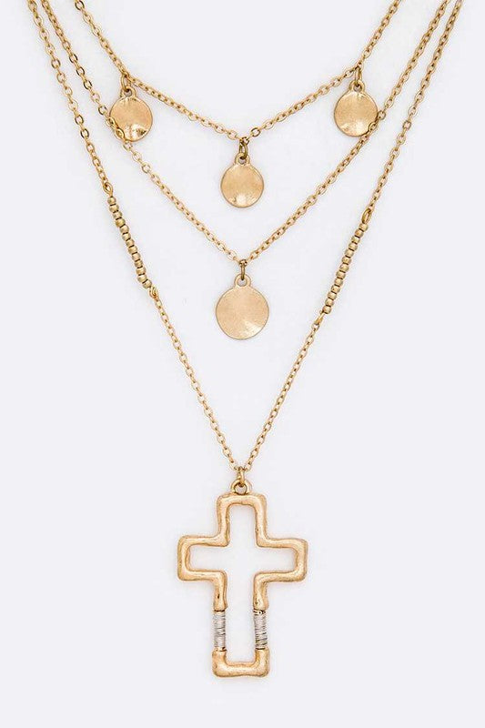 Cross Pendant Layered Necklace Worn Gold O/S by LA Jewelry Plaza | Fleurcouture