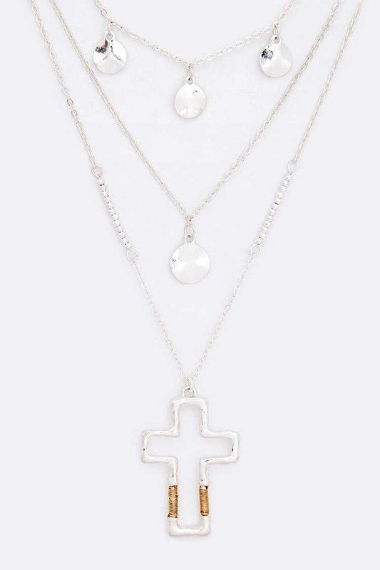 Cross Pendant Layered Necklace Worn Silver O/S by LA Jewelry Plaza | Fleurcouture