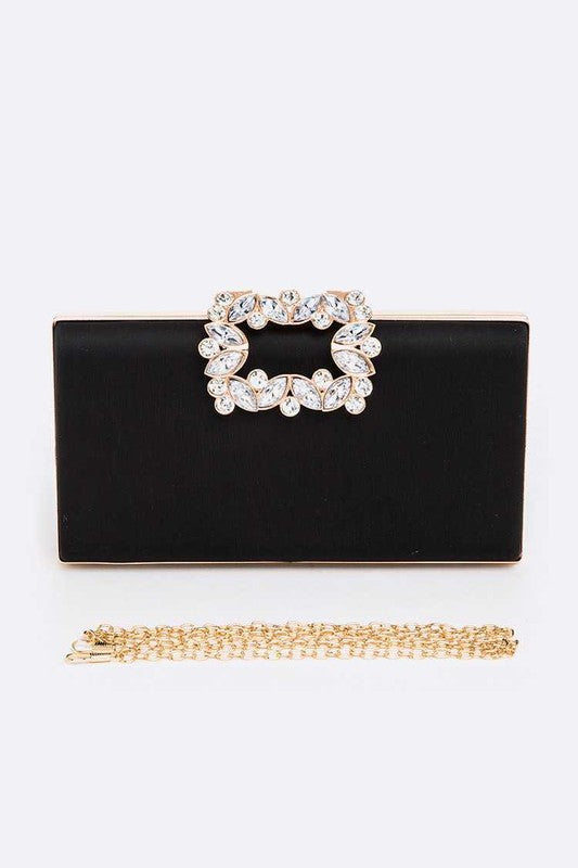 Crystal Buckle Metallic Box Clutch Black O/S by Artini Accessories | Fleurcouture