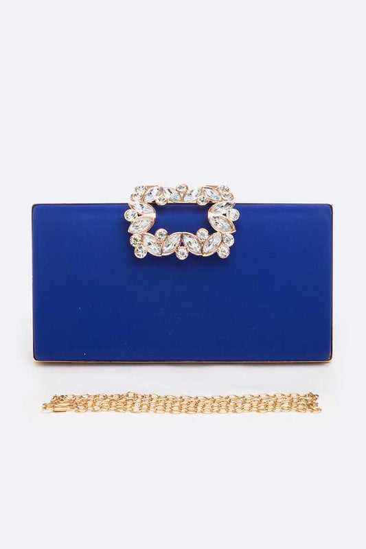 Crystal Buckle Metallic Box Clutch Blue O/S by Artini Accessories | Fleurcouture