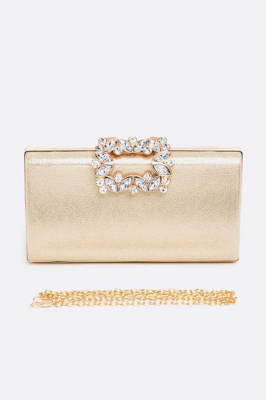 Crystal Buckle Metallic Box Clutch Gold O/S by Artini Accessories | Fleurcouture