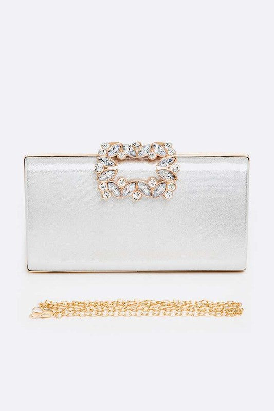Crystal Buckle Metallic Box Clutch Silver O/S by Artini Accessories | Fleurcouture