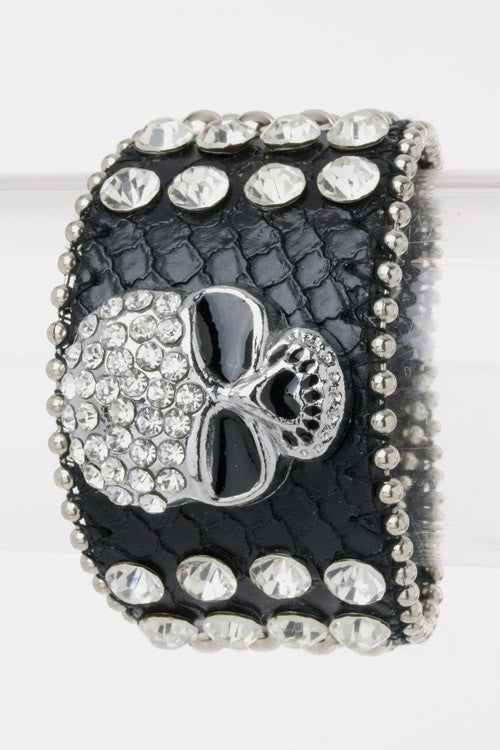 Crystal Skull Leather Bracelet Black 1 by LA Jewelry Plaza | Fleurcouture