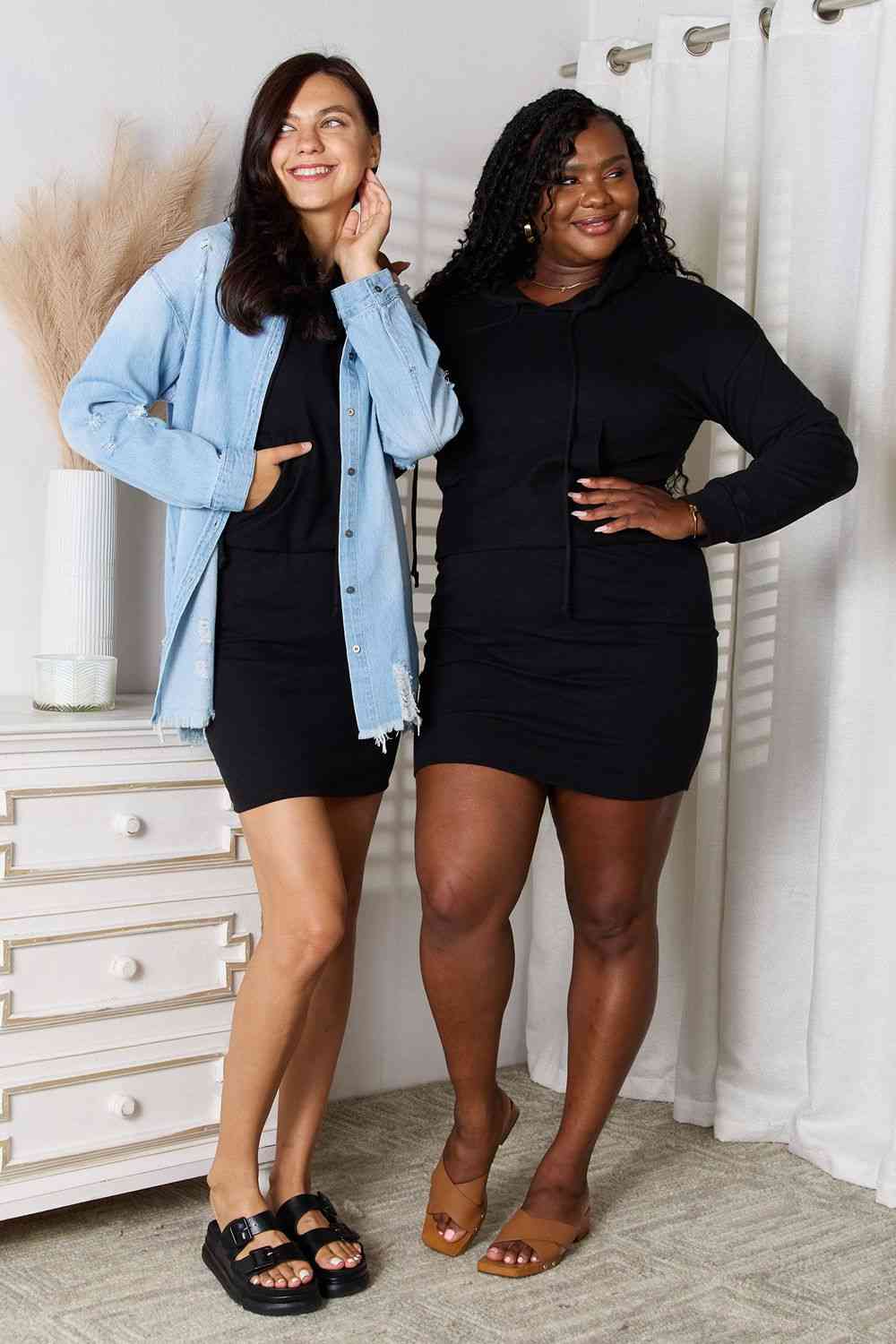 Culture Code Full Size Drawstring Long Sleeve Hooded Dress Black by Trendsi | Fleurcouture