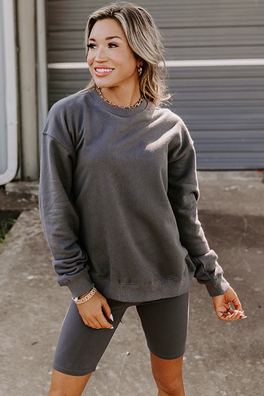 Dark Grey Solid Color Pullover and Skinny Shorts Two Piece Set Dark Grey 50%Polyester+50%Cotton Two Piece Sets by Fleurcouture | Fleurcouture