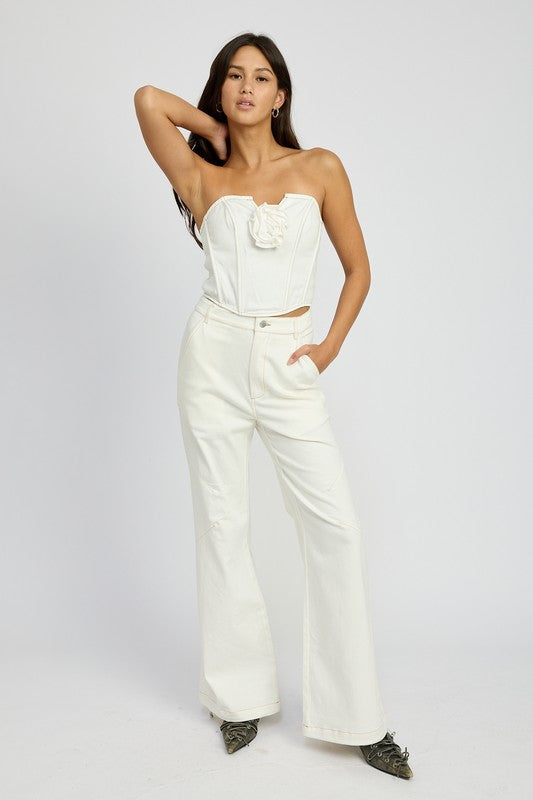 DENIM CORSET TOP WITH ROSETTE DETAIL WHITE by Emory Park | Fleurcouture