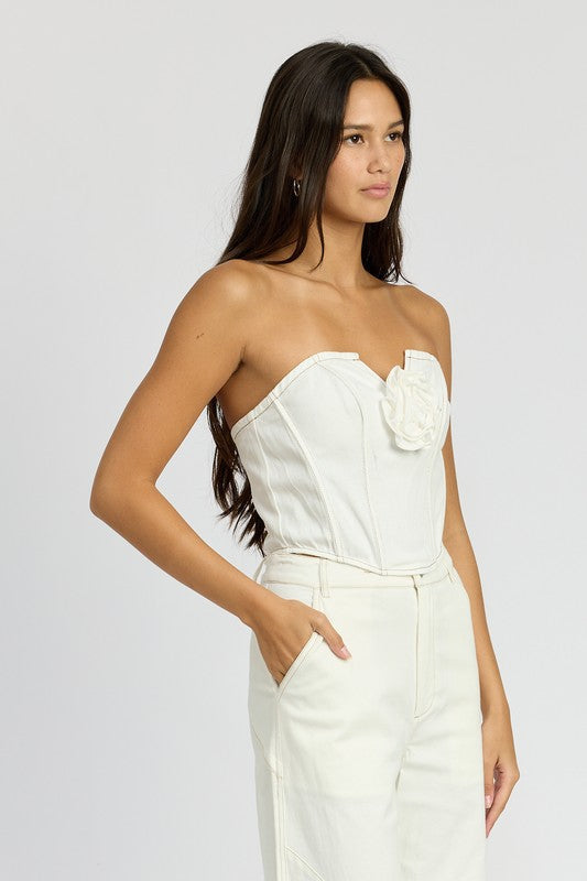 DENIM CORSET TOP WITH ROSETTE DETAIL WHITE by Emory Park | Fleurcouture
