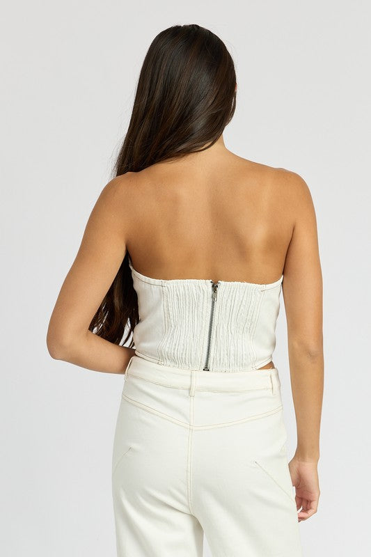DENIM CORSET TOP WITH ROSETTE DETAIL WHITE by Emory Park | Fleurcouture
