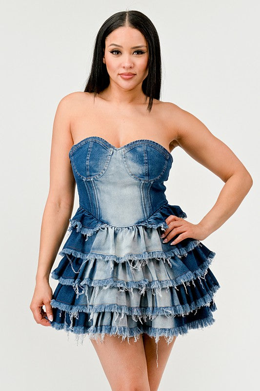 Denim Delight Tiered Ruffle Dress DENIM by Athina | Fleurcouture