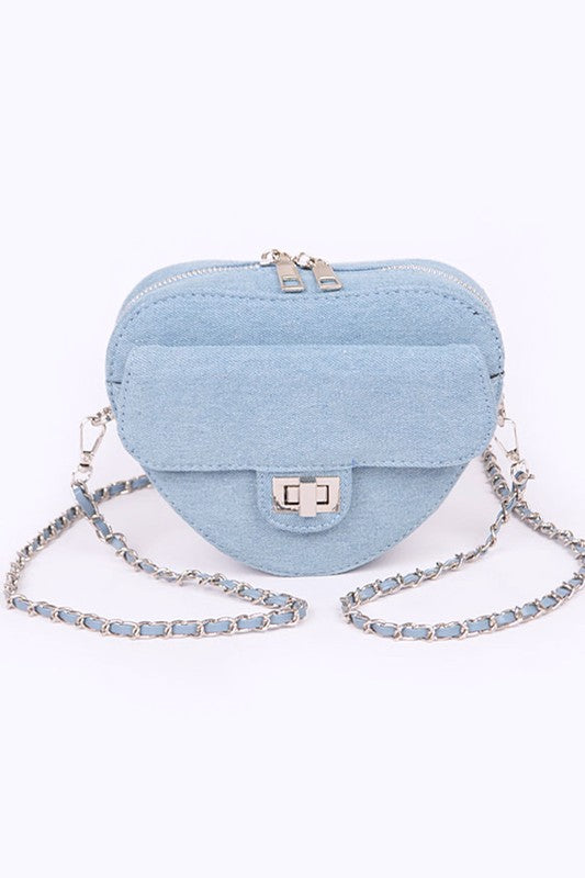 Denim Heart Shape Crossbody Swing Bag Light Blue O/S by Artini Accessories | Fleurcouture