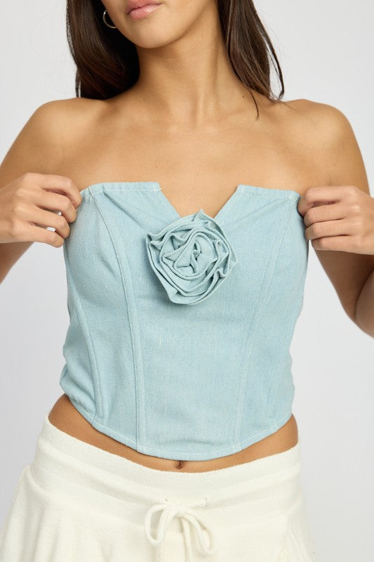 DENIM ROSETTE CORSET TUBE TOP LT DENIM by Emory Park | Fleurcouture