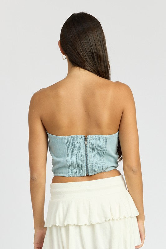 DENIM ROSETTE CORSET TUBE TOP LT DENIM by Emory Park | Fleurcouture