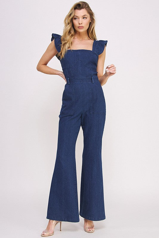 DENIM RUFFLE FLARE LEG JUMPSUIT DENIM by Jade By Jane | Fleurcouture