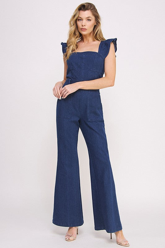 DENIM RUFFLE FLARE LEG JUMPSUIT DENIM by Jade By Jane | Fleurcouture
