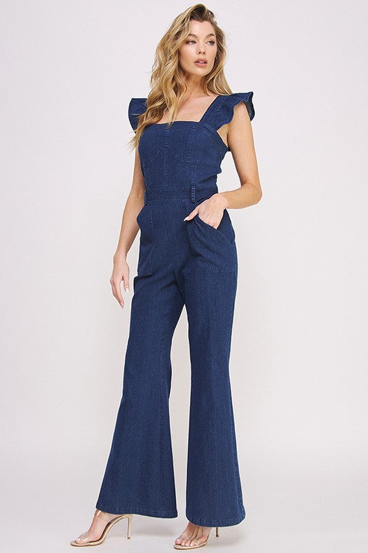 DENIM RUFFLE FLARE LEG JUMPSUIT DENIM by Jade By Jane | Fleurcouture