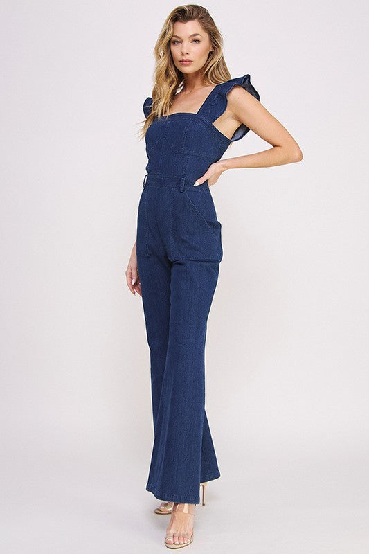 DENIM RUFFLE FLARE LEG JUMPSUIT DENIM by Jade By Jane | Fleurcouture