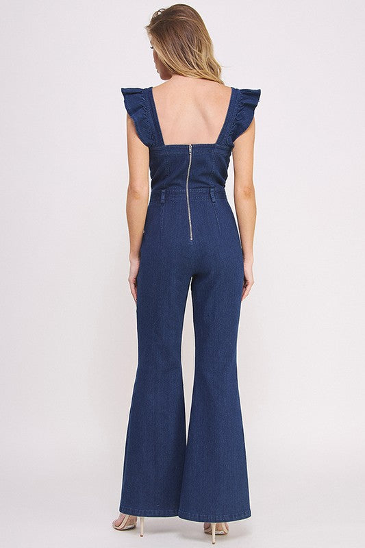 DENIM RUFFLE FLARE LEG JUMPSUIT DENIM by Jade By Jane | Fleurcouture