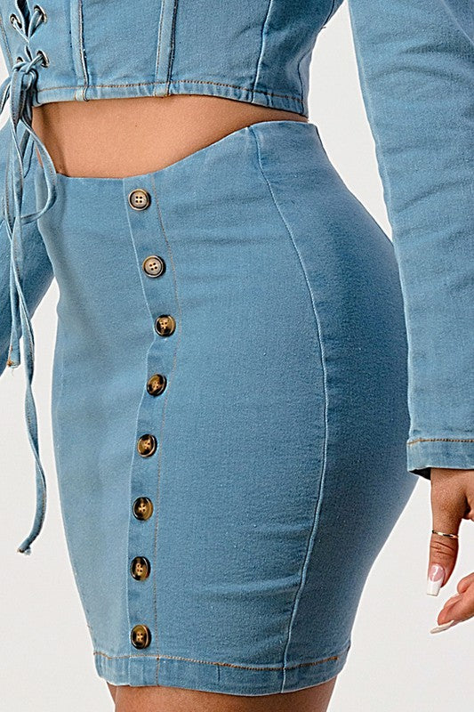 Denim top and skirt set Denim Blue by Athina | Fleurcouture