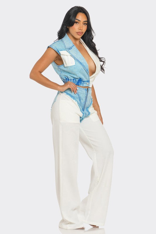Denim Urban Chic Fusion Set White/Blue by Athina | Fleurcouture