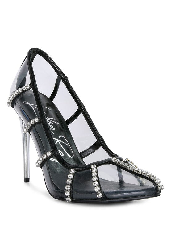 Diamante Clear High Heel Cage Pumps Black 5 by Rag Company | Fleurcouture
