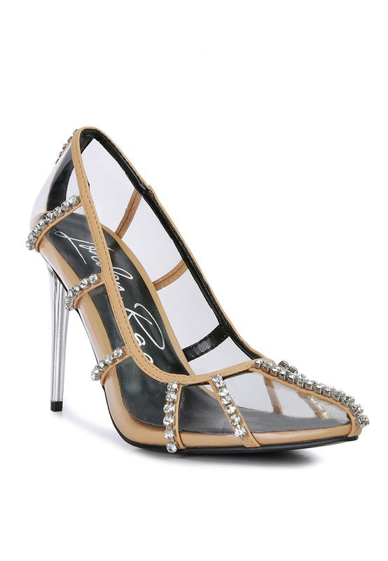 Diamante Clear High Heel Cage Pumps Latte 5 by Rag Company | Fleurcouture