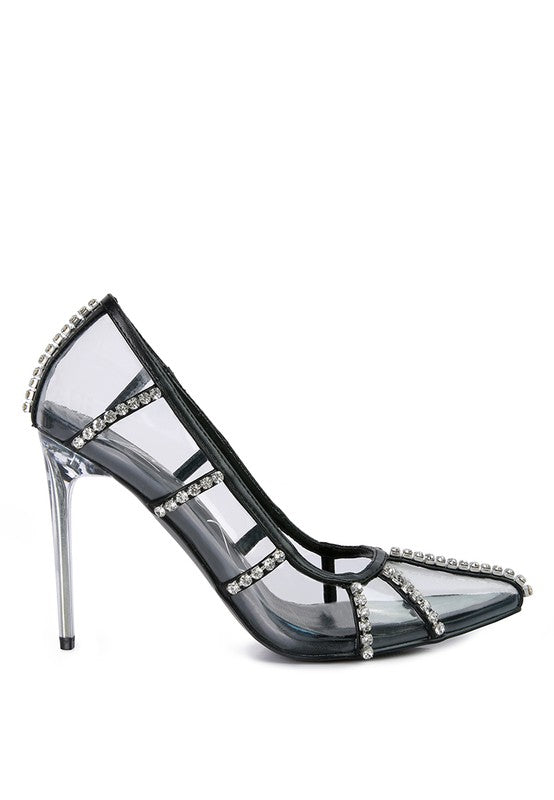 Diamante Clear High Heel Cage Pumps by Rag Company | Fleurcouture