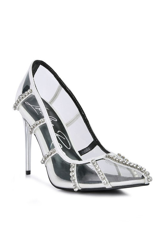 Diamante Clear High Heel Cage Pumps White 5 by Rag Company | Fleurcouture