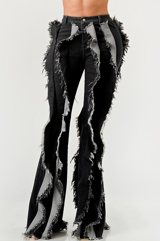 Distressed Denim Frill Jeans BLACK by Athina | Fleurcouture