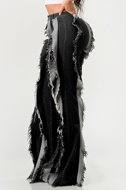 Distressed Denim Frill Jeans BLACK by Athina | Fleurcouture