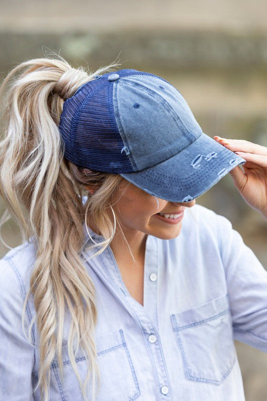 Distressed Messy Bun Hat Cap Navy OneSize by Aili&