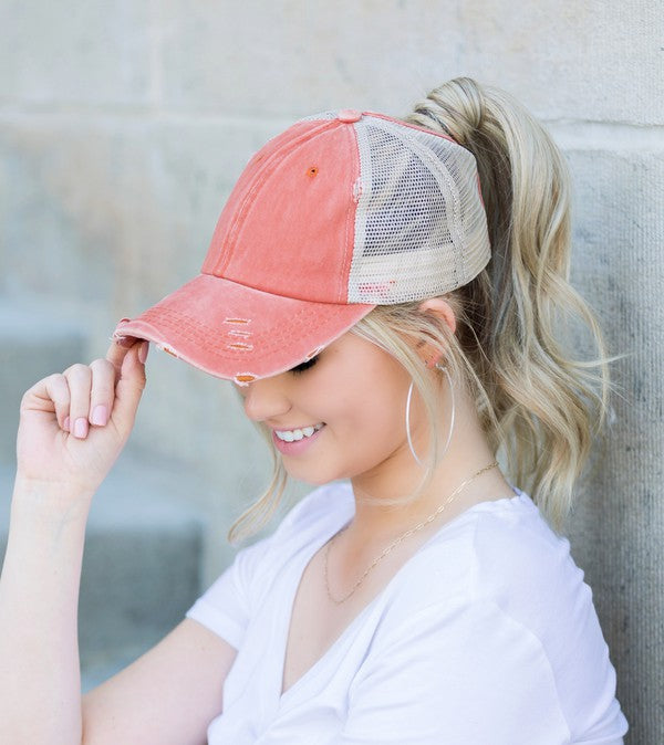 Distressed Messy Bun Hat Cap OneSize by Aili&