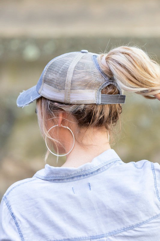 Distressed Messy Bun Hat Cap OneSize by Aili&