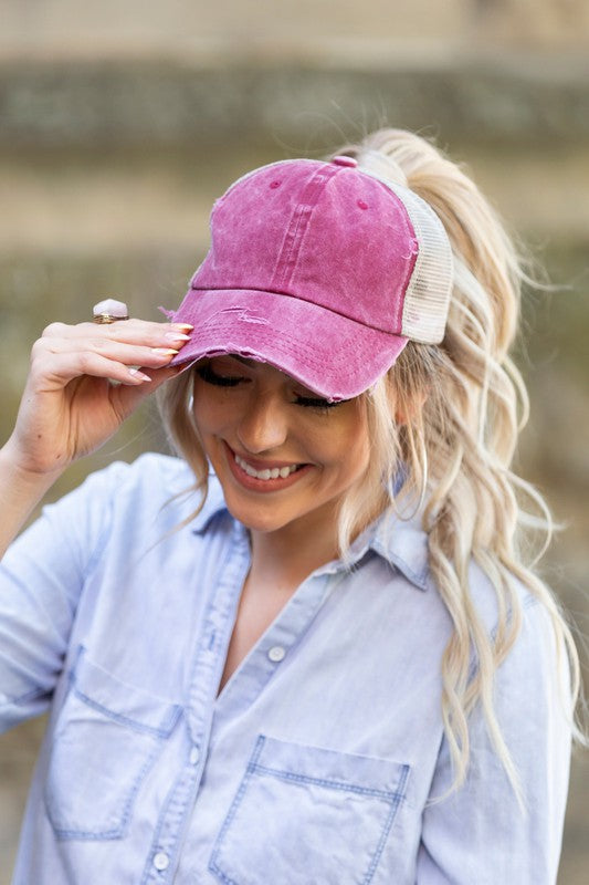 Distressed Messy Bun Hat Cap OneSize by Aili&