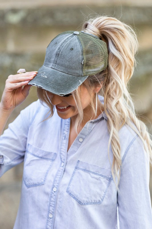 Distressed Messy Bun Hat Cap OneSize by Aili&