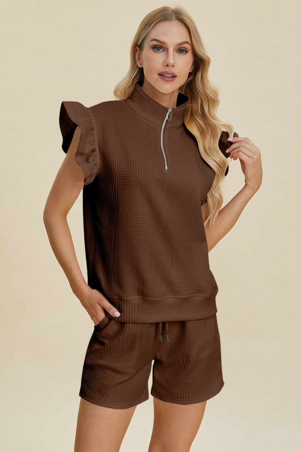 Double Take Full Size Texture Flounce Sleeve Top and Shorts Set Brown S Women&